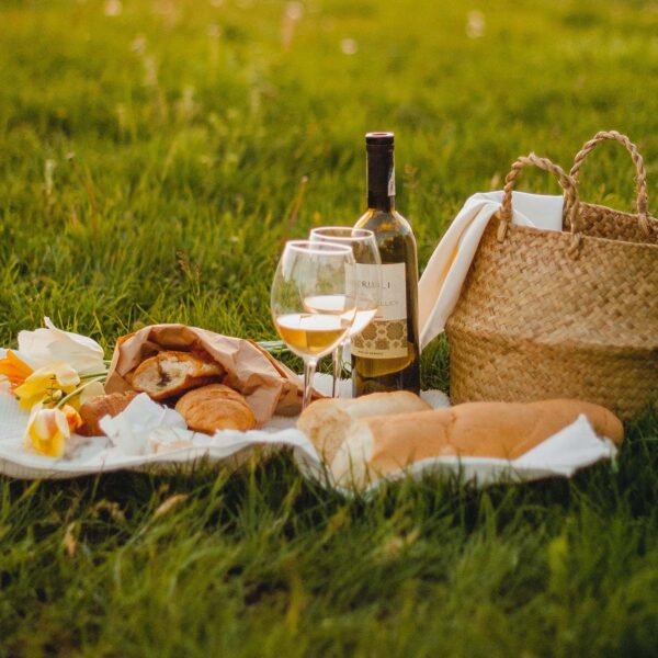 Picnic spread with cheese, bread, and wine on grassy field.