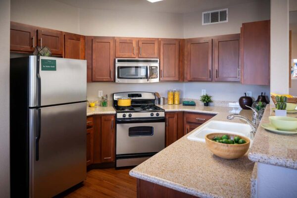 Arzano apartment kitchen with wood style floor and cabinets, stone counters, and stainless steel appliances.