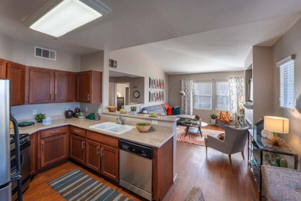Arzano apartment kitchen with wood style floor and cabinets, stone counters, and stainless steel appliances.