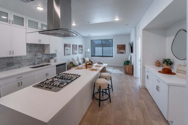 Arzano apartment kitchen with wood style floor, white cabinets and counters, and stainless steel appliances.