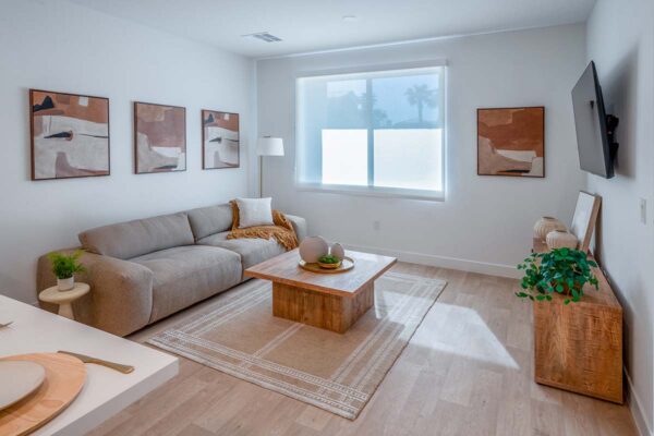 Arzano apartment living room with wood style floor, plush couch, framed artwork, and large window.