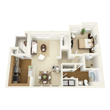 Rendering of the Mellini floor plan with 1 bedroom[s] and 1 bathroom[s] at Arzano
