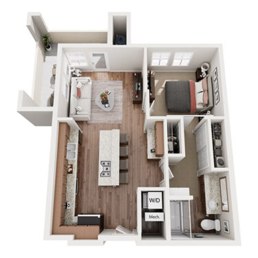 Rendering of the 1A Balcony Mid Rise floor plan with 1 bedroom[s] and 1 bathroom[s] at Arzano