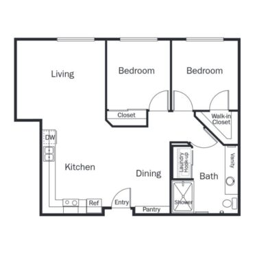Rendering of the 2E floor plan with 2 bedroom[s] and 1 bathroom[s] at Ensemble