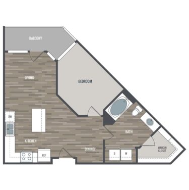 Rendering of the 1C floor plan with 1 bedroom[s] and 1 bathroom[s] at Crescendo