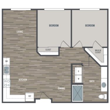 Rendering of the 2A floor plan with 2 bedroom[s] and 1 bathroom[s] at Crescendo