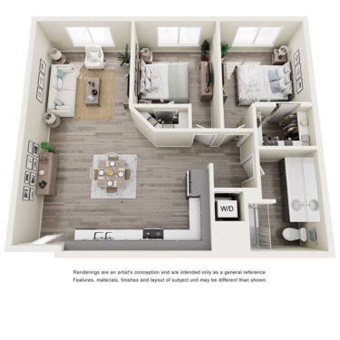 Rendering of the 2C floor plan with 2 bedroom[s] and 1 bathroom[s] at Tempo