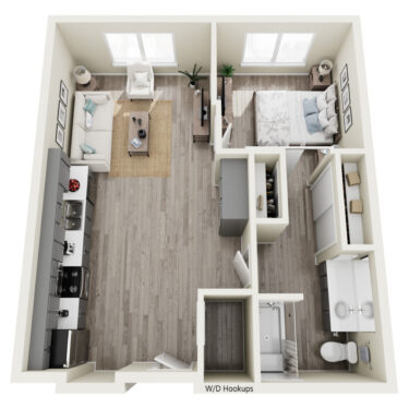 Rendering of the 1AE floor plan with 1 bedroom[s] and 1 bathroom[s] at Heirloom at Pebble