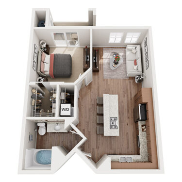 Rendering of the 1B Mid Rise floor plan with 1 bedroom[s] and 1 bathroom[s] at Arzano