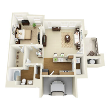 Rendering of the Milan floor plan with 1 bedroom[s] and 1 bathroom[s] at Arzano