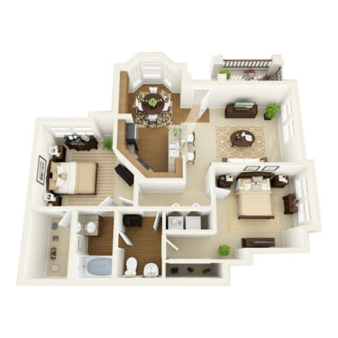 Rendering of the Serrano floor plan with 2 bedroom[s] and 1 bathroom[s] at Arzano