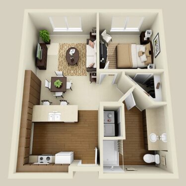 Rendering of the 1AD floor plan with 1 bedroom[s] and 1 bathroom[s] at Ensemble