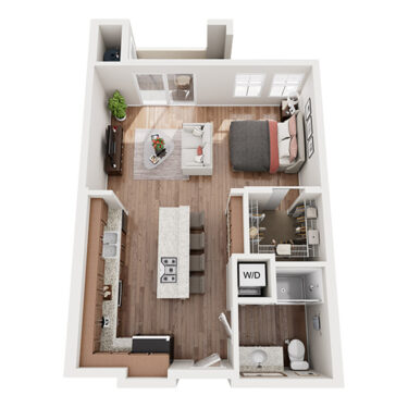 Rendering of the Studio Mid Rise floor plan with a Studio bedroom and 1 bathroom[s] at Arzano