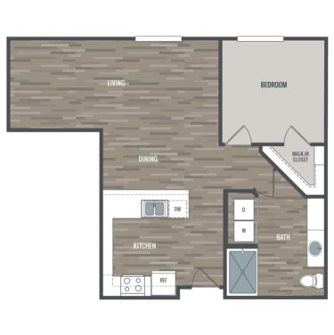 Rendering of the 1AE floor plan with 1 bedroom[s] and 1 bathroom[s] at Crescendo