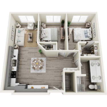 Rendering of the 2A floor plan with 2 bedroom[s] and 1 bathroom[s] at Heirloom at Pebble