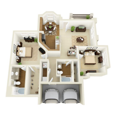 Rendering of the Messina floor plan with 2 bedroom[s] and 2 bathroom[s] at Arzano