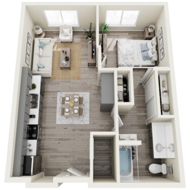 Rendering of the 1A floor plan with 1 bedroom[s] and 1 bathroom[s] at Heirloom at Pebble