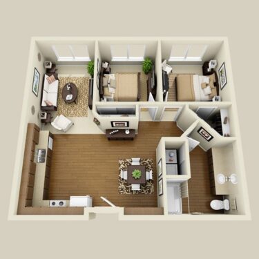 Rendering of the 2A floor plan with 2 bedroom[s] and 1 bathroom[s] at Ensemble