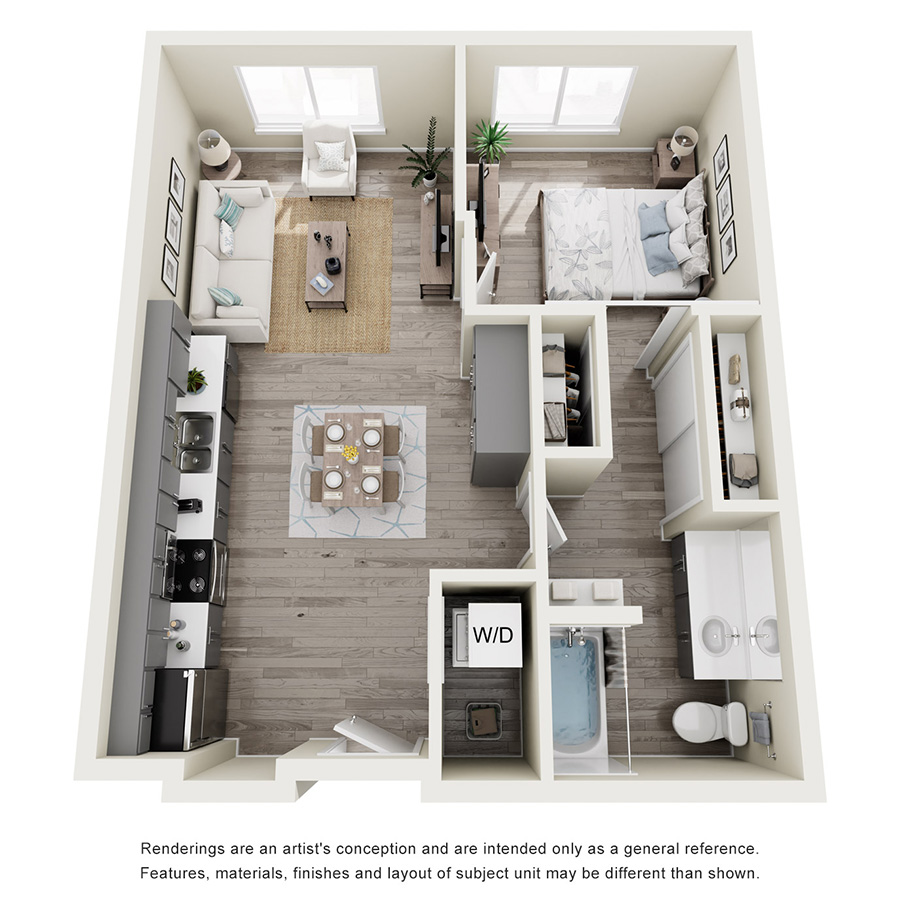 Rendering of the 1A floor plan with 1 bedroom[s] and 1 bathroom[s] at Heirloom at Rome