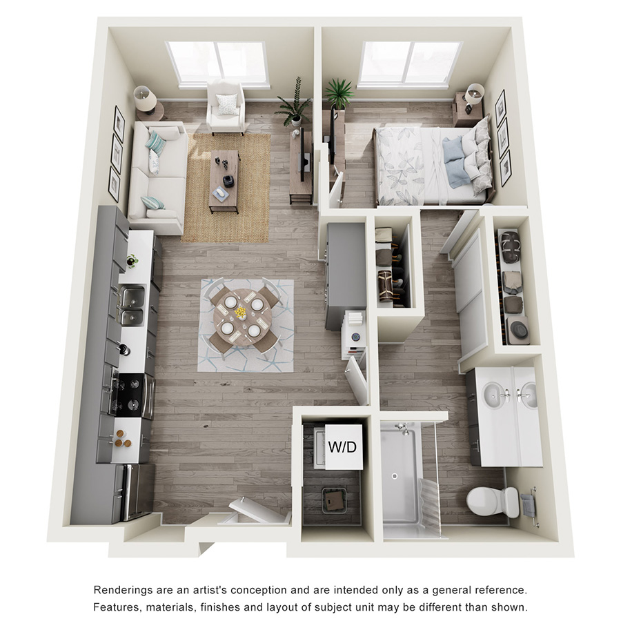 Rendering of the 1A ADA floor plan with 1 bedroom[s] and 1 bathroom[s] at Tempo