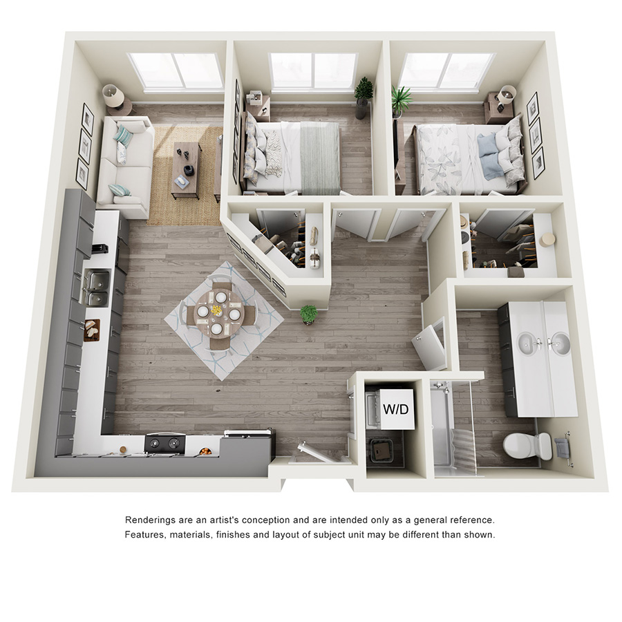Rendering of the 2A ADA floor plan with 2 bedroom[s] and 1 bathroom[s] at Tempo