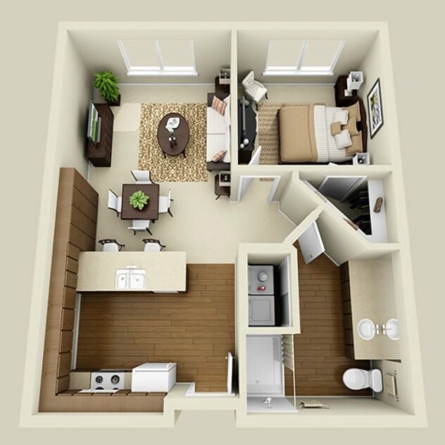 Rendering of the Capri floor plan with 1 bedroom[s] and 1 bathroom[s] at Tempo