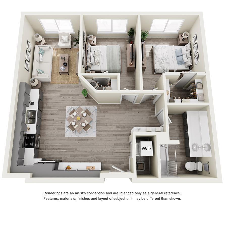 Rendering of the 2A floor plan with 2 bedroom[s] and 1 bathroom[s] at Tempo
