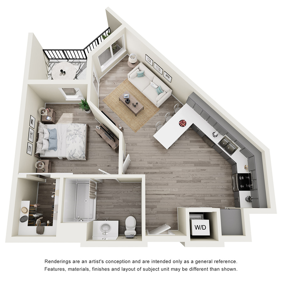Rendering of the 1C ADA floor plan with 1 bedroom[s] and 1 bathroom[s] at Tempo