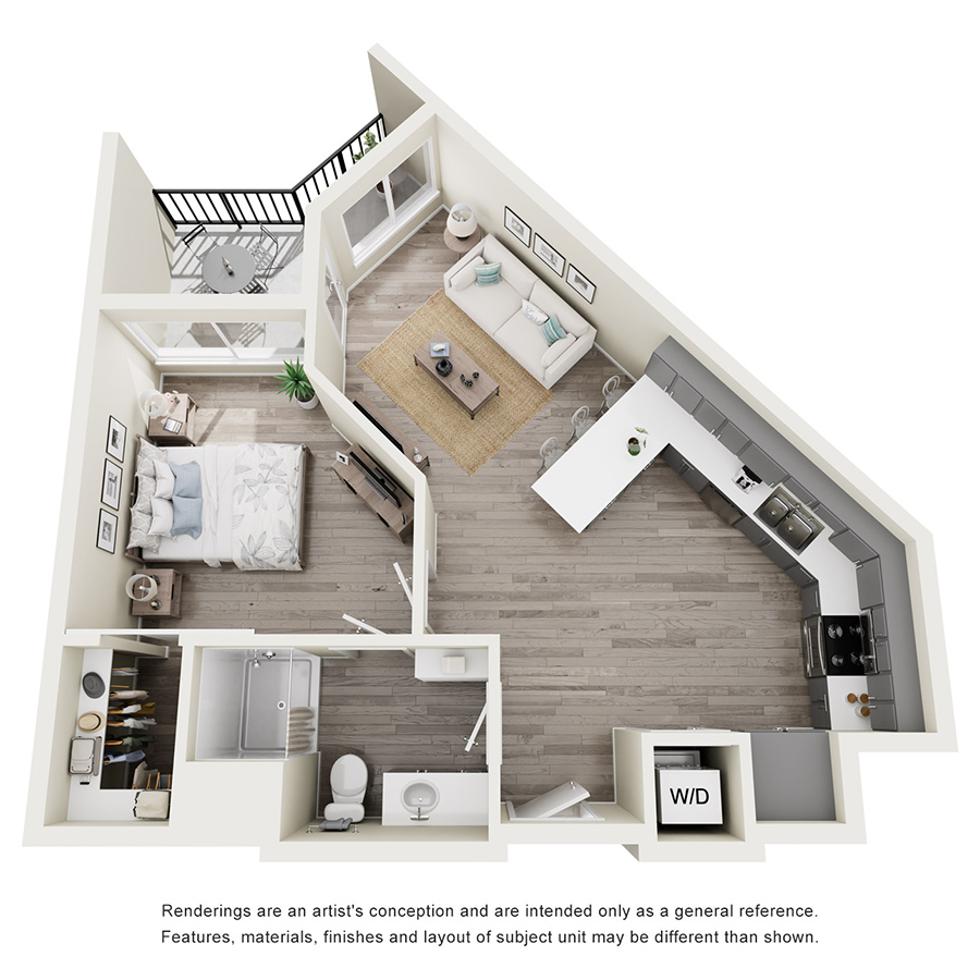 Rendering of the 1C floor plan with 1 bedroom[s] and 1 bathroom[s] at Tempo