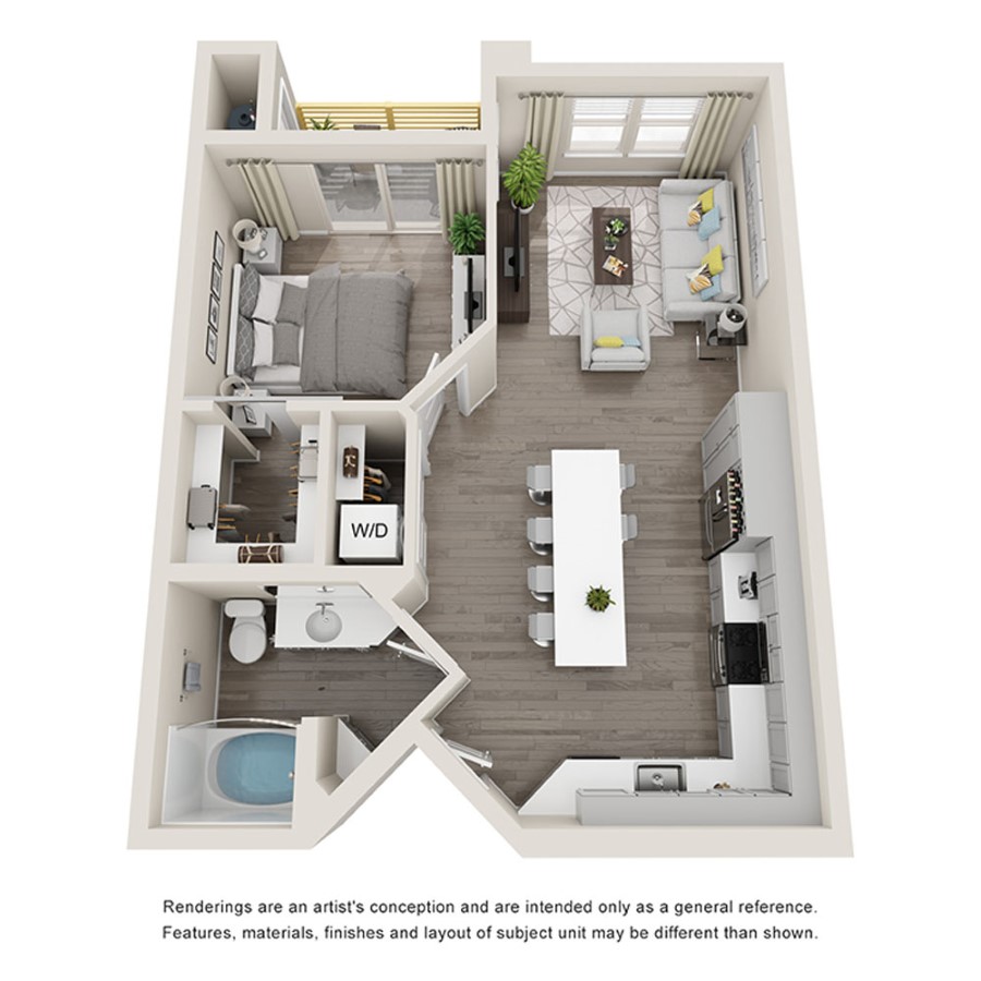 Rendering of the 1B floor plan with 1 bedroom[s] and 1 bathroom[s] at Aspire at Flamingo Grand