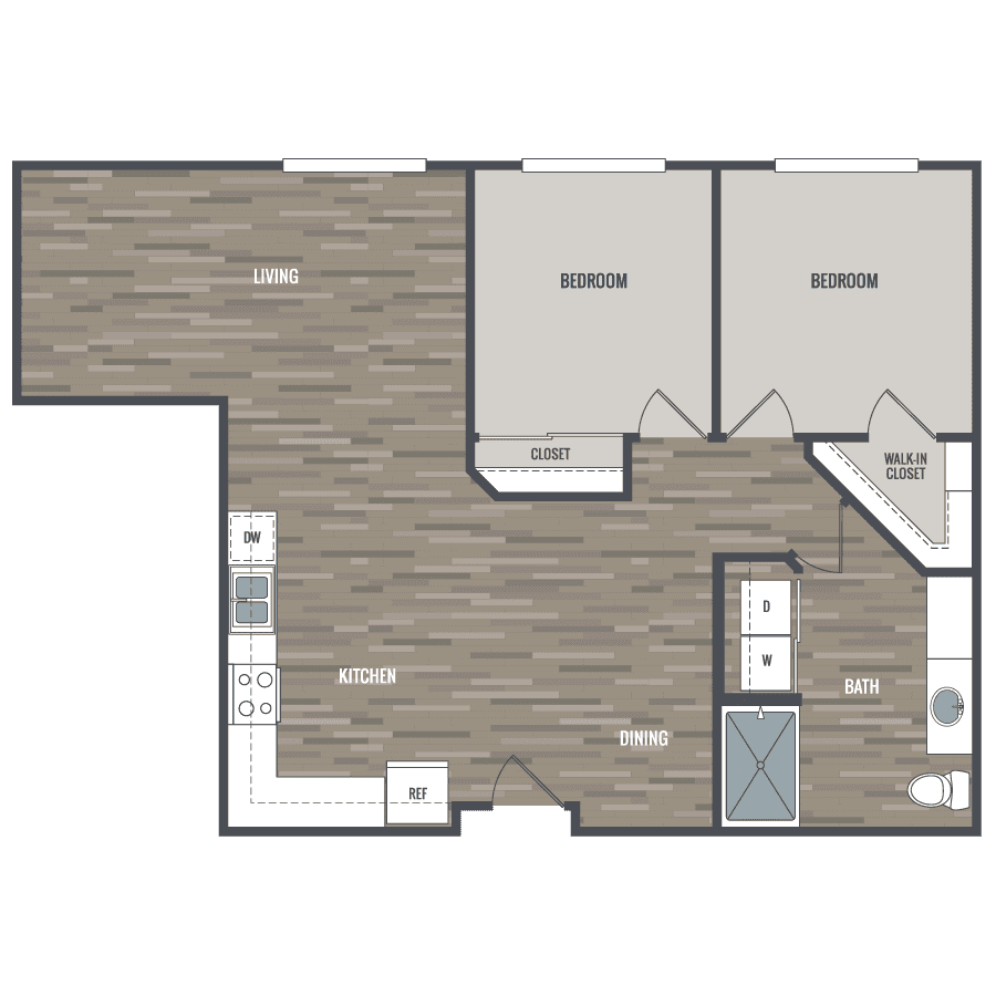 Rendering of the 2E floor plan with 2 bedroom[s] and 1 bathroom[s] at Harmony
