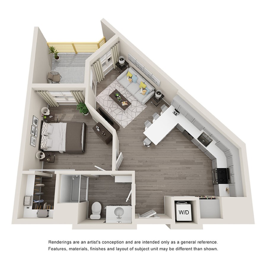 Rendering of the 1C floor plan with 1 bedroom[s] and 1 bathroom[s] at Aspire at Flamingo Grand