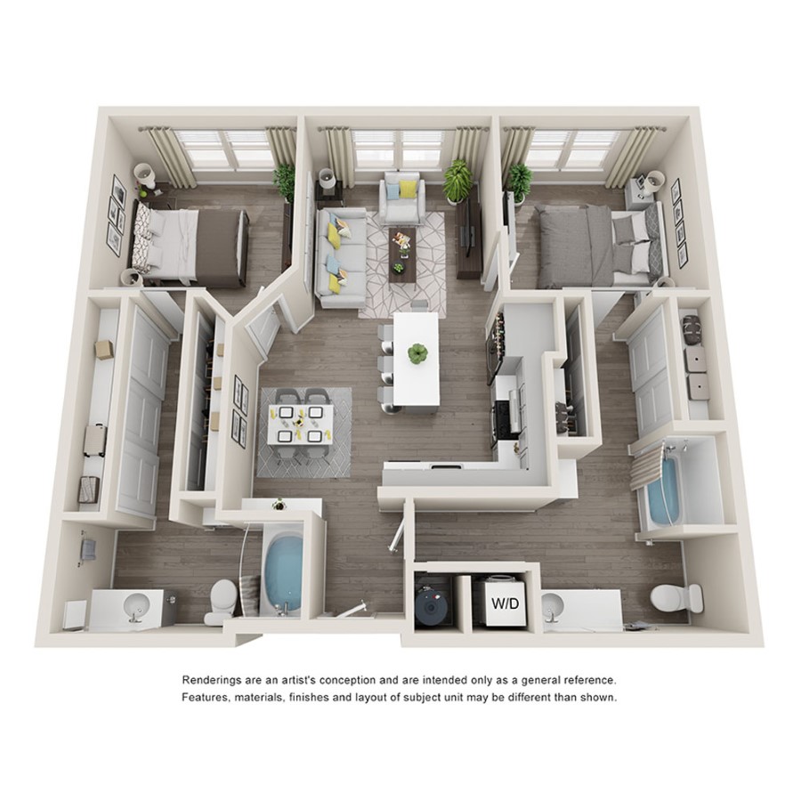 Rendering of the 2A.A floor plan with 2 bedroom[s] and 2 bathroom[s] at Aspire at Flamingo Grand
