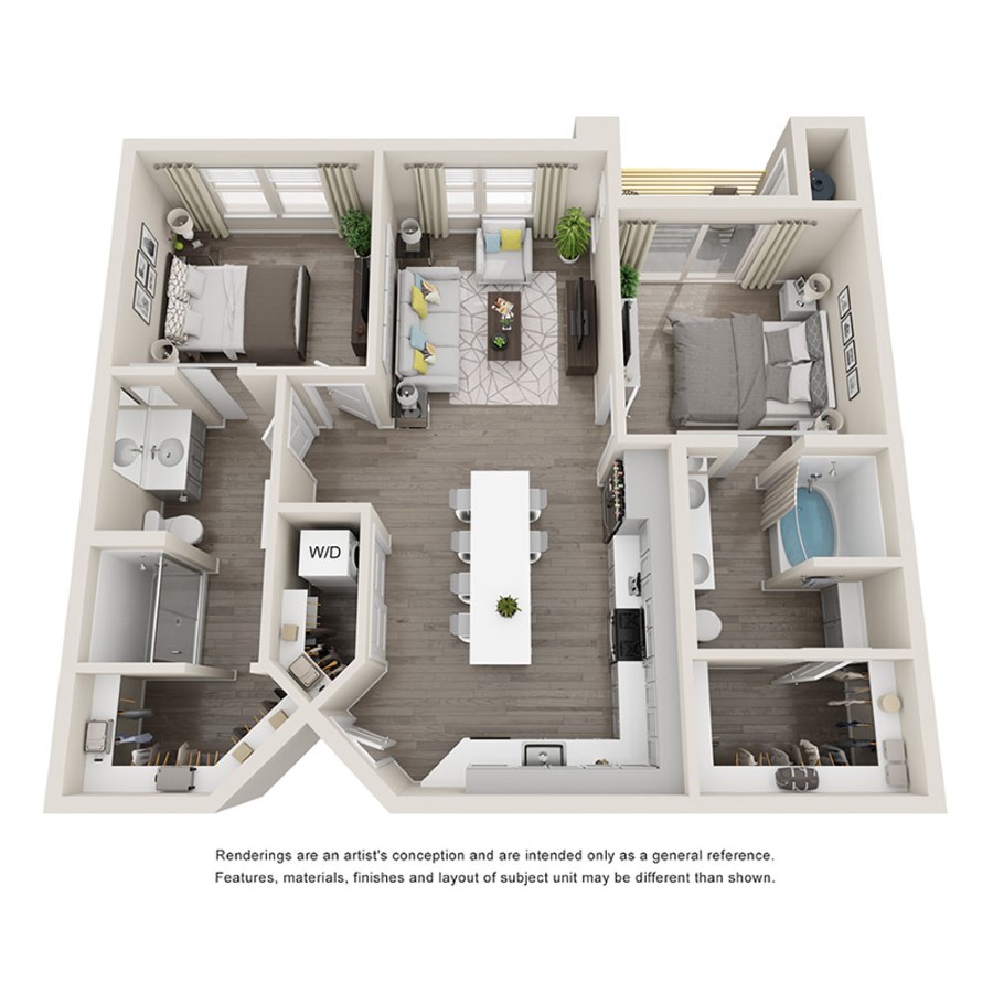 Rendering of the 2B floor plan with 2 bedroom[s] and 2 bathroom[s] at Aspire at Flamingo Grand