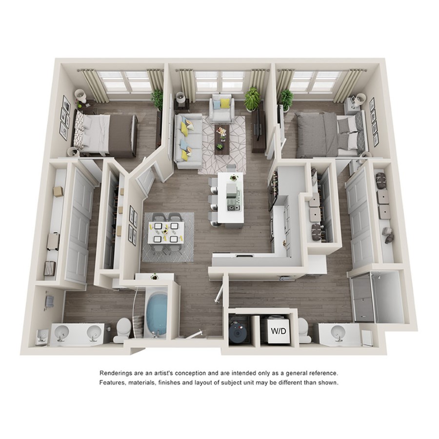 Rendering of the 2A floor plan with 2 bedroom[s] and 2 bathroom[s] at Aspire at Flamingo Grand