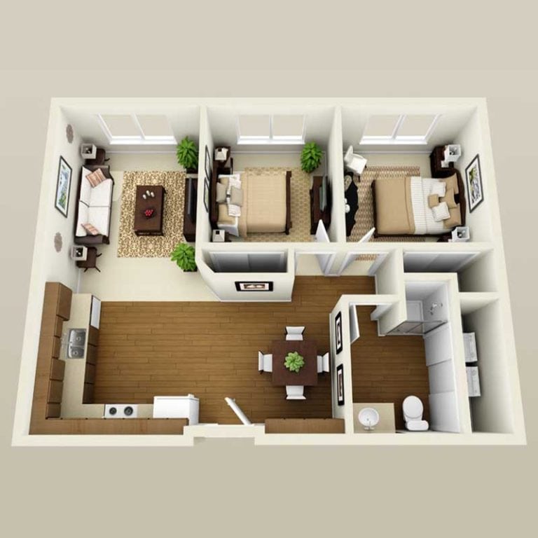 Rendering of the Salerno floor plan with 2 bedroom[s] and 1 bathroom[s] at Acapella