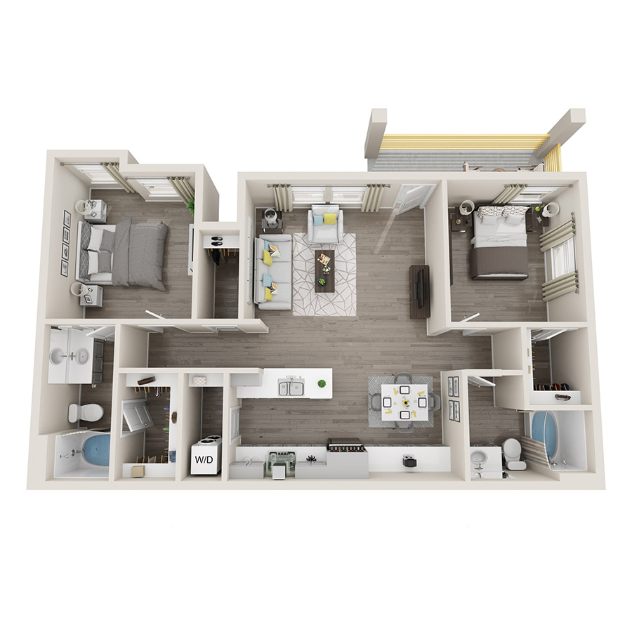 Rendering of the 2E floor plan with 2 bedroom[s] and 2 bathroom[s] at Aspire at Alper