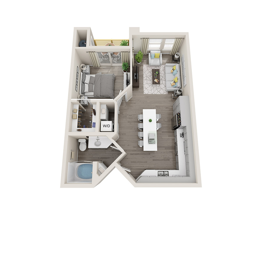 Rendering of the 1B floor plan with 1 bedroom[s] and 1 bathroom[s] at Aspire at Alper
