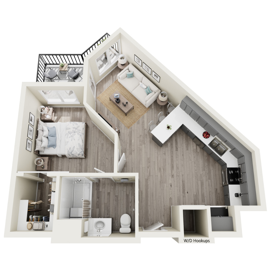 Rendering of the 1B floor plan with 1 bedroom[s] and 1 bathroom[s] at Heirloom at Pebble