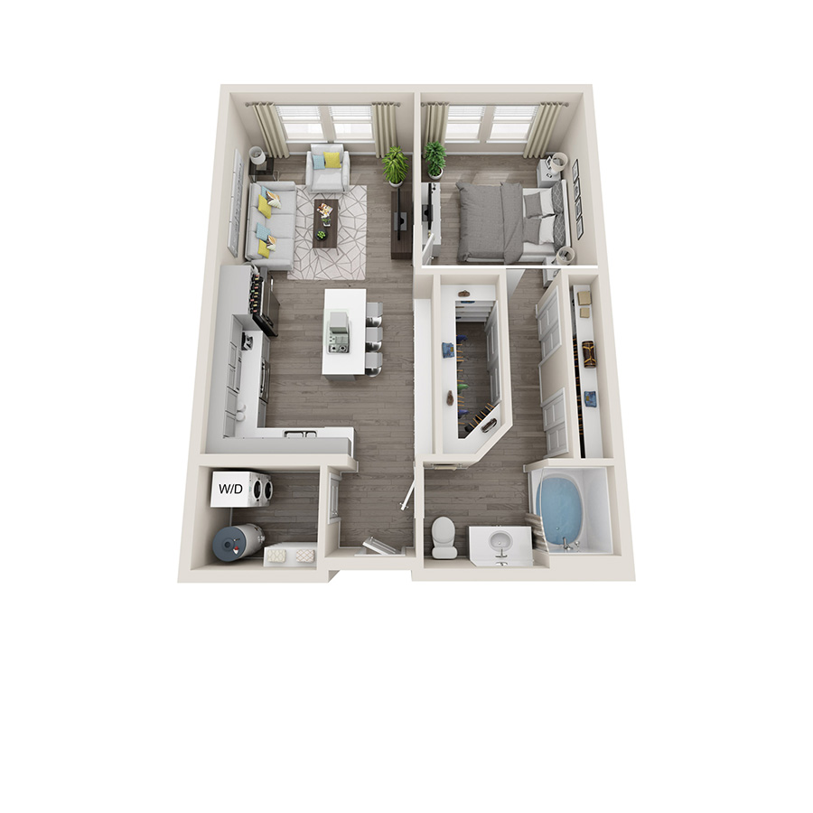 Rendering of the 1A floor plan with 1 bedroom[s] and 1 bathroom[s] at Aspire at Alper
