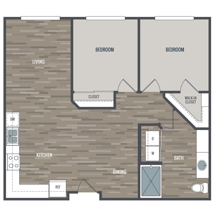 Rendering of the 2A floor plan with 2 bedroom[s] and 1 bathroom[s] at Crescendo
