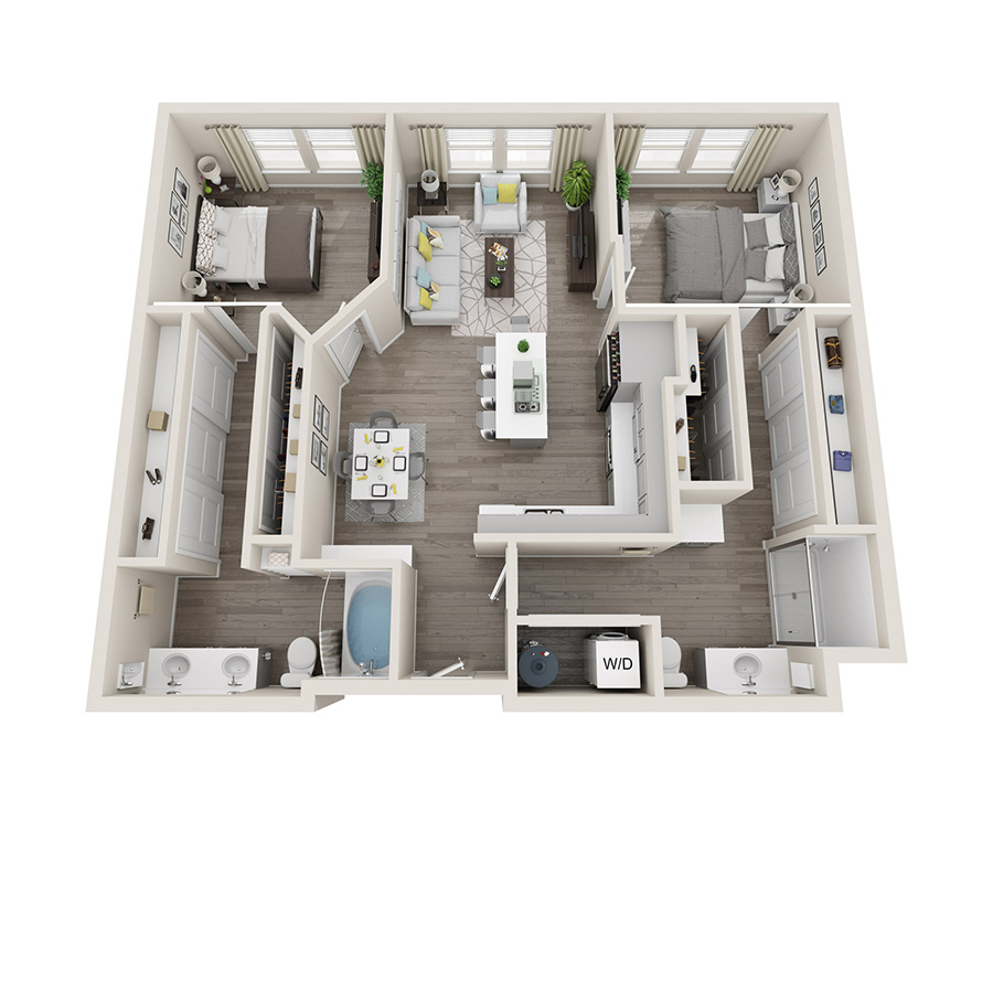 Rendering of the 2A floor plan with 2 bedroom[s] and 2 bathroom[s] at Aspire at Alper