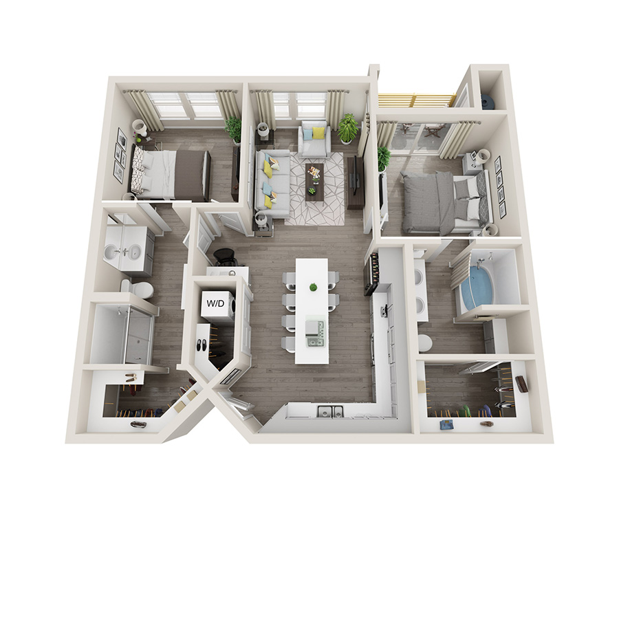 Rendering of the 2B floor plan with 2 bedroom[s] and 2 bathroom[s] at Aspire at Alper