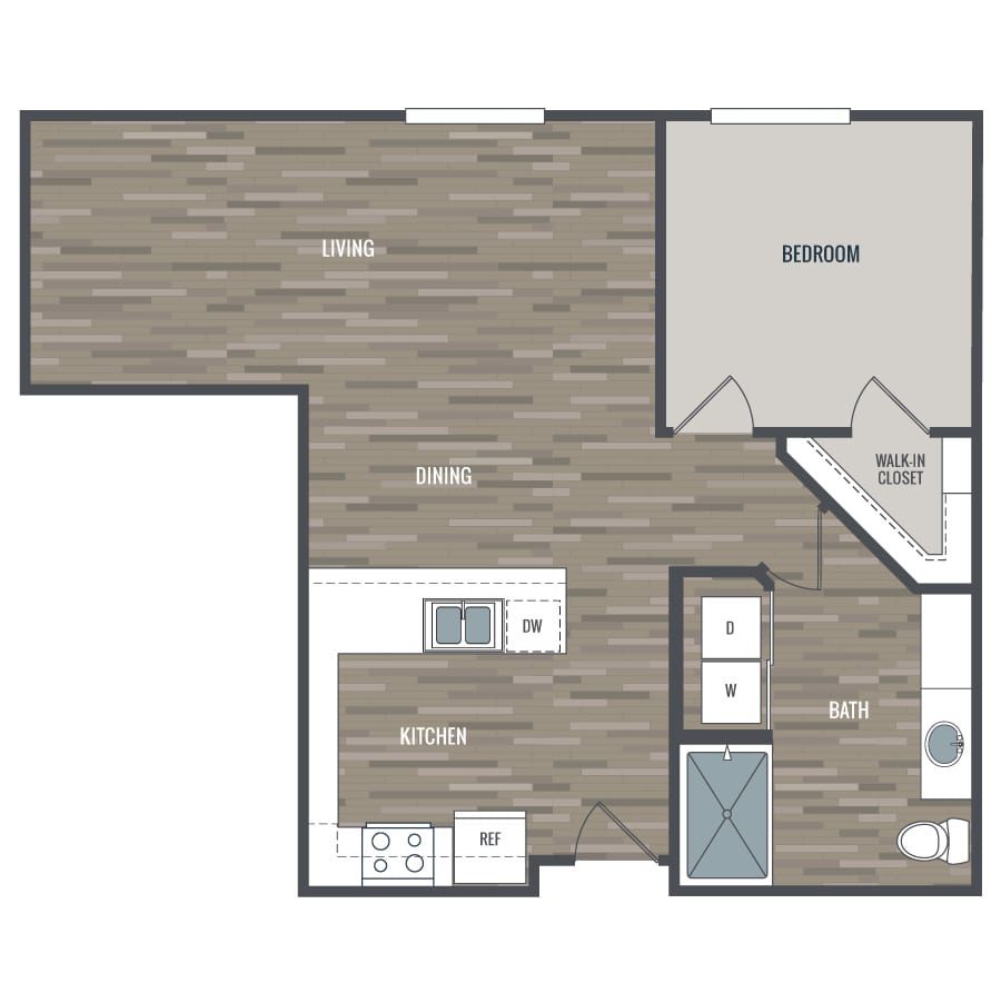 Rendering of the 1AE floor plan with 1 bedroom[s] and 1 bathroom[s] at Crescendo