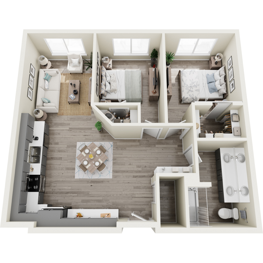 Rendering of the 2A floor plan with 2 bedroom[s] and 1 bathroom[s] at Heirloom at Pebble