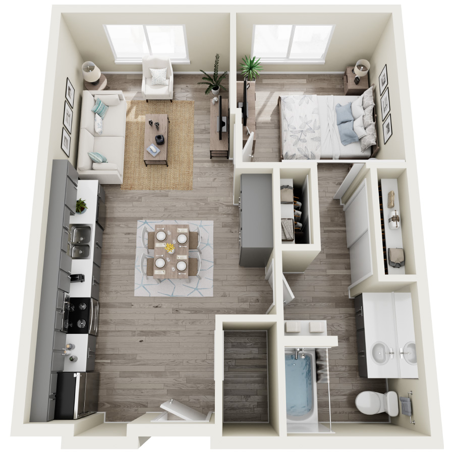 Rendering of the 1A floor plan with 1 bedroom[s] and 1 bathroom[s] at Heirloom at Pebble