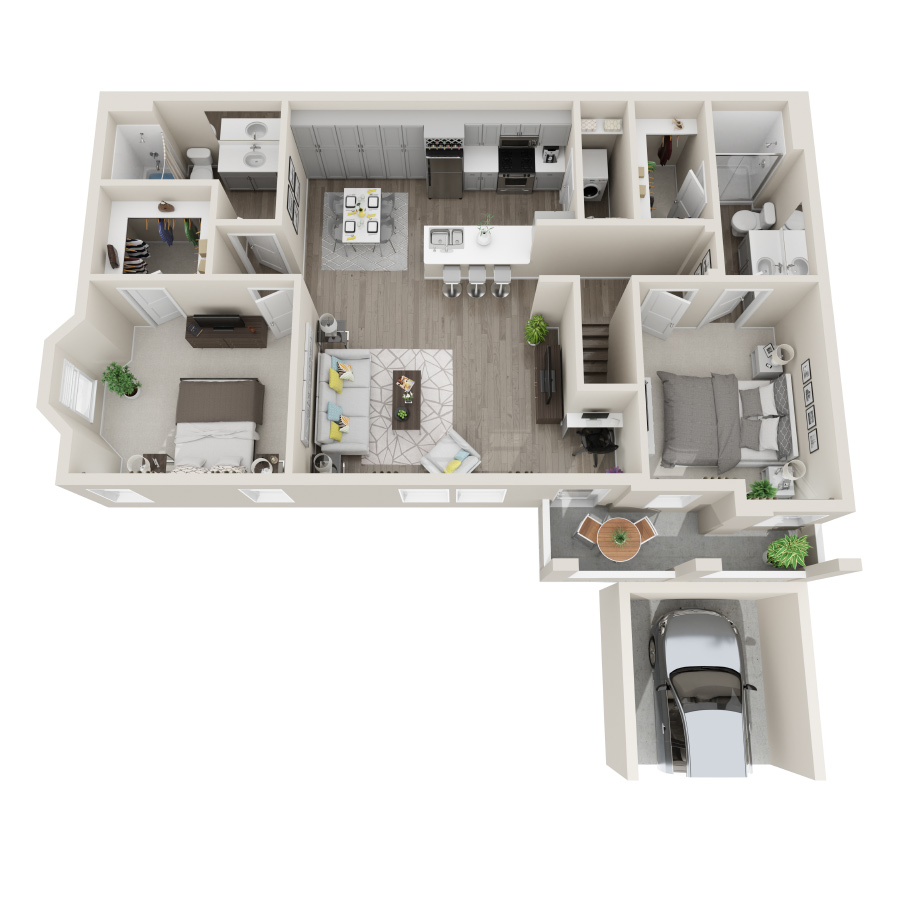 Rendering of the 2EG floor plan with 2 bedroom[s] and 2 bathroom[s] at Aspire at Grand Canyon