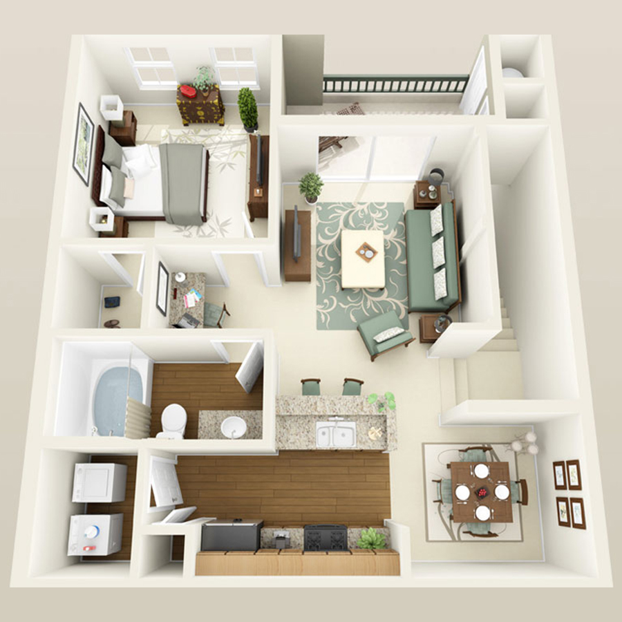 Rendering of the 1A floor plan with 1 bedroom[s] and 1 bathroom[s] at Altessa