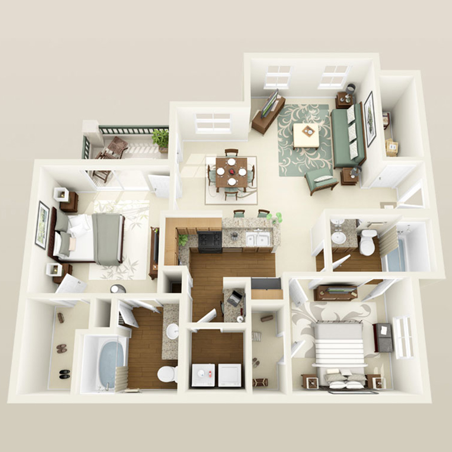 Rendering of the 2A floor plan with 2 bedroom[s] and 2 bathroom[s] at Altessa