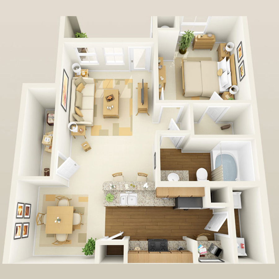 Rendering of the 1D floor plan with 1 bedroom[s] and 1 bathroom[s] at Altessa